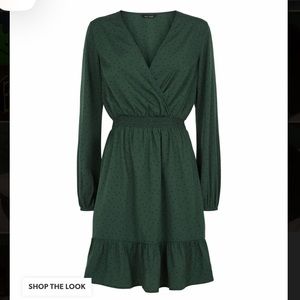 New Look Dark Green Spot Frill Wrap Dress